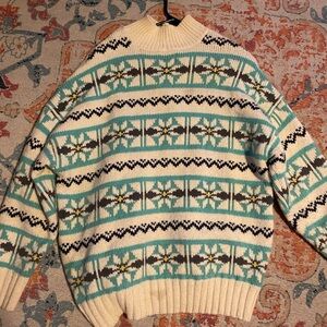 Cozy Cream and Teal Patterned Sweater
